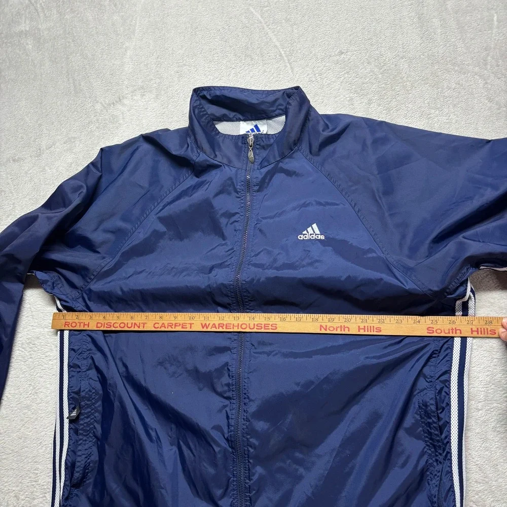 VTG Adidas Mens XL Navy Blue Windbreaker Full Zip Mesh Lined Jacket 3 Stripe Y2K